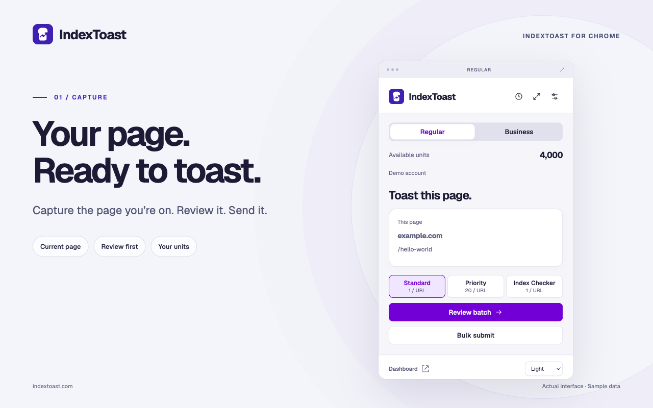 Popup IndexToast pour Chrome avec capture de page et URL d’exemple